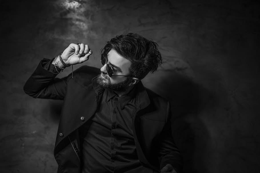 grayscale photography, man, black, jacket, wearing, sunglasses, black and white, monochrome, people, male