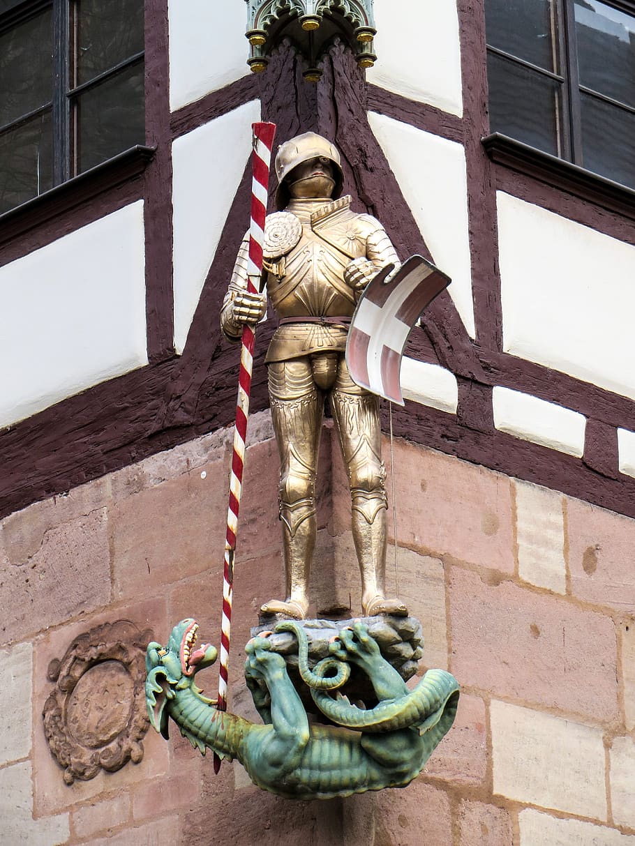 nürnberg, pusat bersejarah, ksatria, naga, pembunuh naga, baju besi, abad pertengahan, patung, representasi manusia, perwakilan