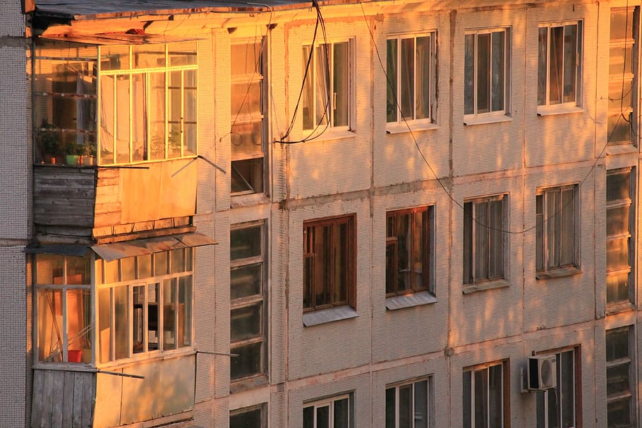 casa, ventana, puesta de sol, edificio, ciudad, Rusia, arquitectura, alambre, casa de paneles, balcón