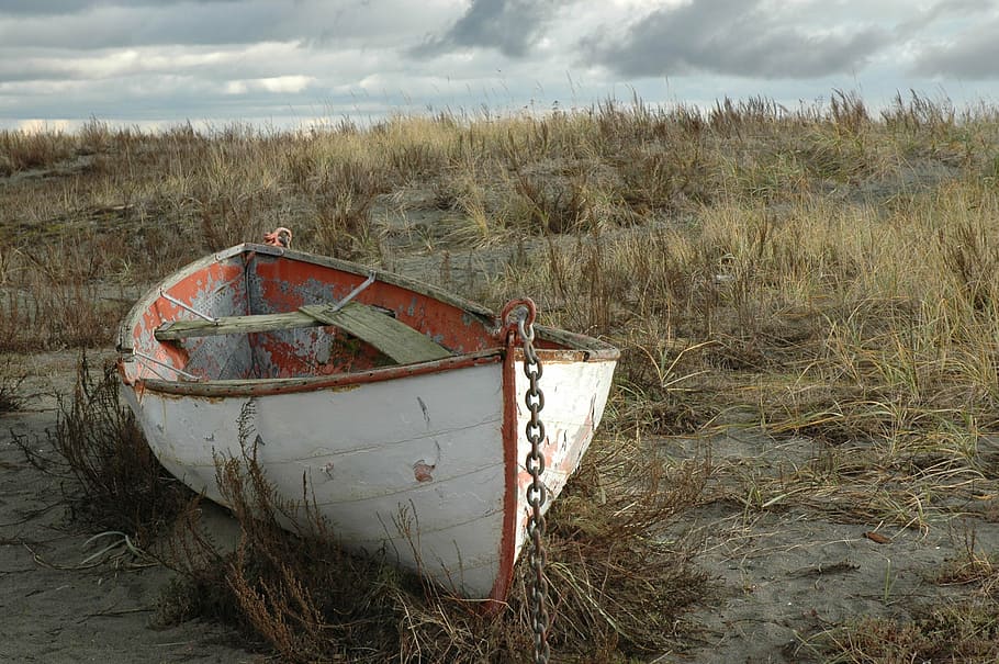 white, canoe boat, land, weathered rowboat, abandon boat, beach, fort worden state park, sand, abandoned, cloud - sky