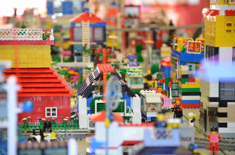 selective, focus photo, lego toy village, Lego, Legoland, legostadt, building blocks, legos, out of legos, children