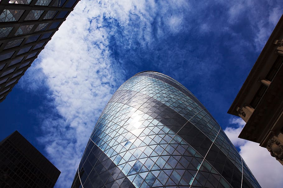 low, angle photography, gherkin tower, london, architecture, blue, mary, axe, britain, building