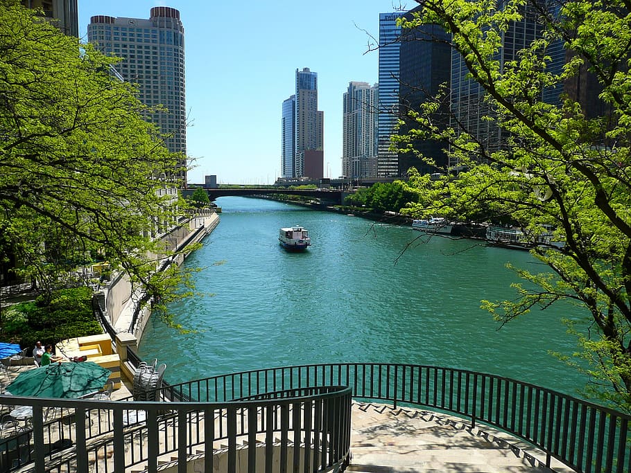 landscape photo, high, raised, building, Chicago, River, River, City, Illinois, Usa, chicago, river