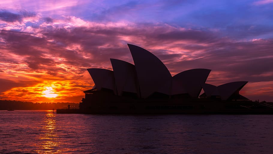 silueta, sydney opera house, australia, oeste, słonca, agua, puesta de sol, cielo, arquitectura, ninguna gente