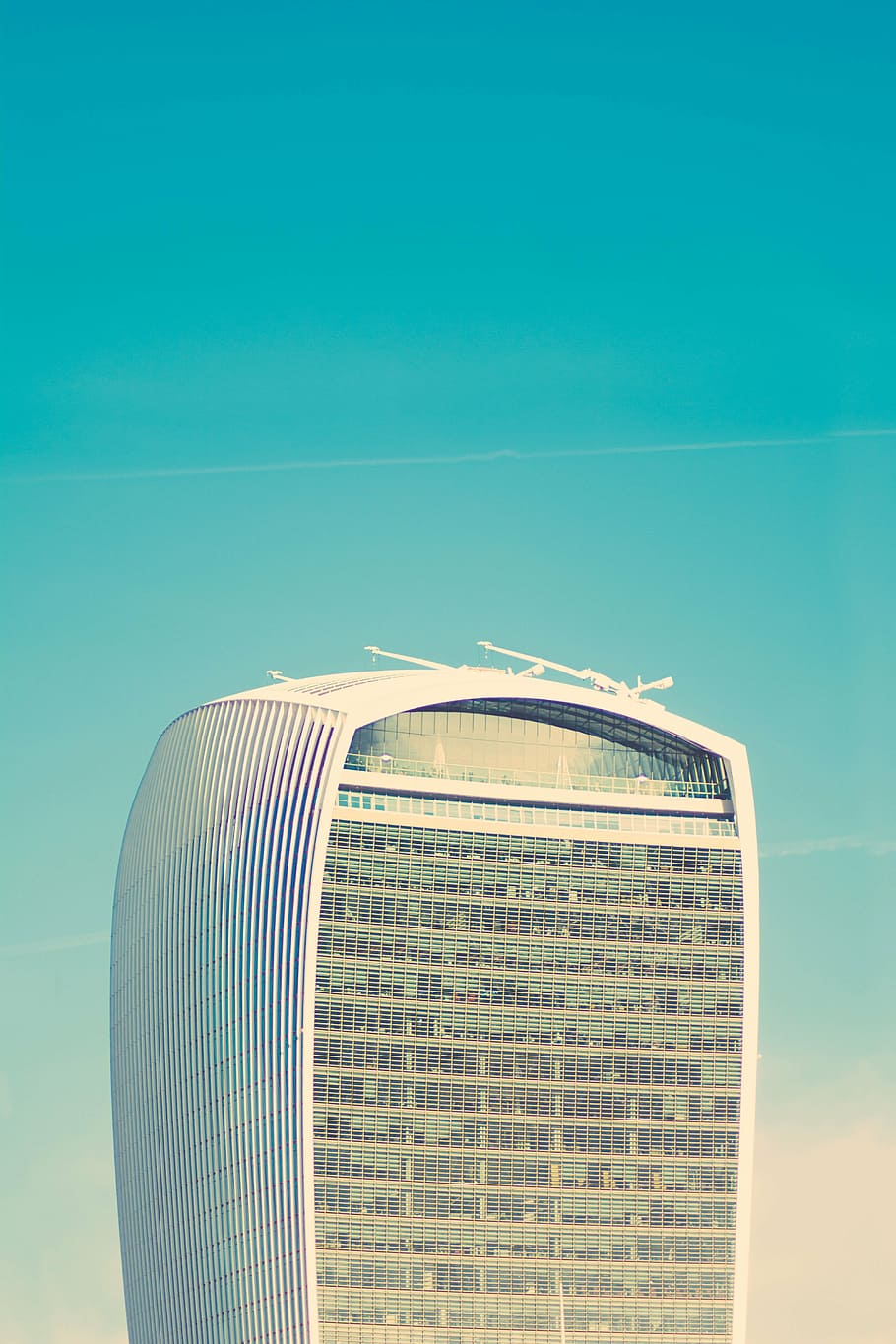 high-rise, building, contrail, white, high, rise, architecture, infrastructure, blue, sky