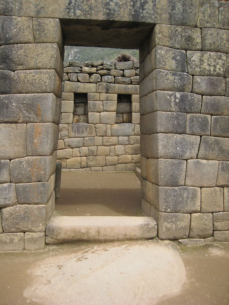 gray, brown, castle wall, daytime, machu picchu, doorway, ruin, ancient, peru, andes