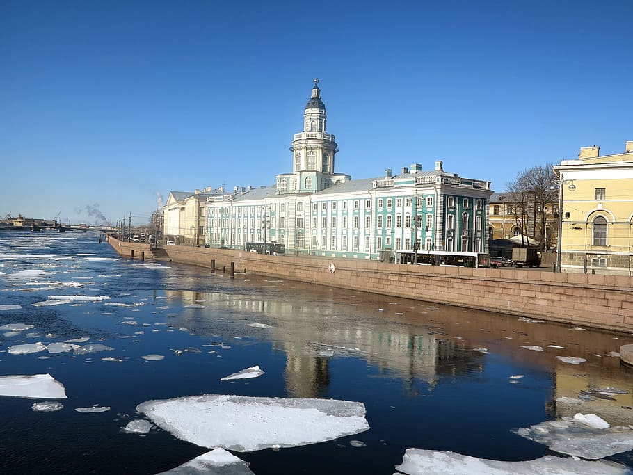 St Petersburg, Rusia, Sungai, Neva, bongkahan es, musim dingin, bangunan, arsitektur, kota, langit