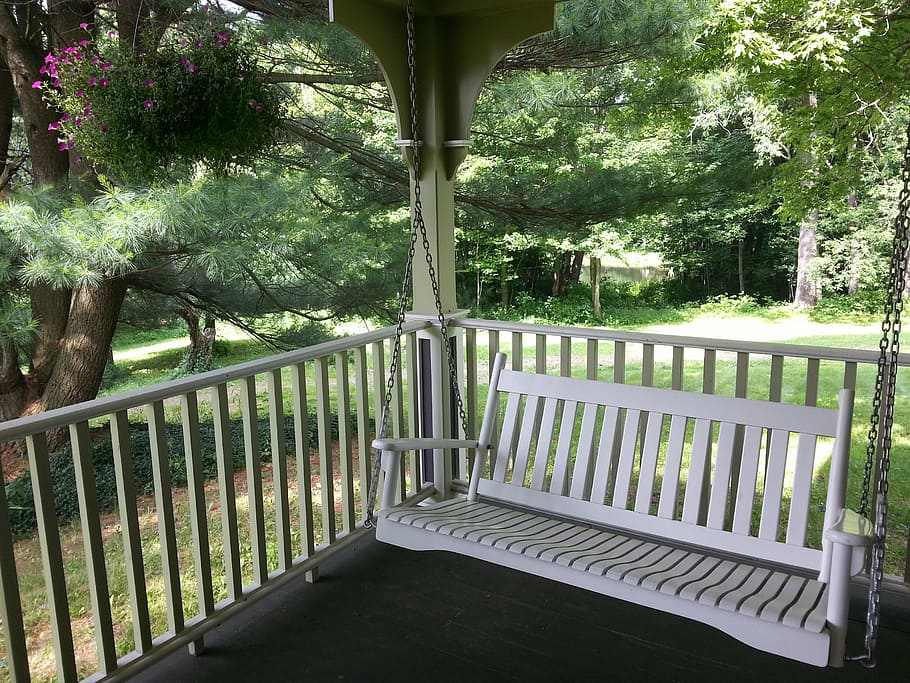 white, wooden, bench swing, porch, swing, green, summer, house, yard, relax