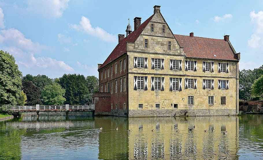 germany, burg hülshoff, wasserburg, architecture, waters, old, built structure, building exterior, water, building