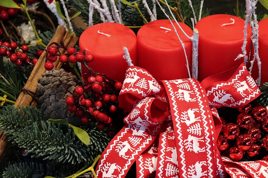 christmas decoration, red candles, fir, bow, common holly, red berries, decorative, december, red, food and drink