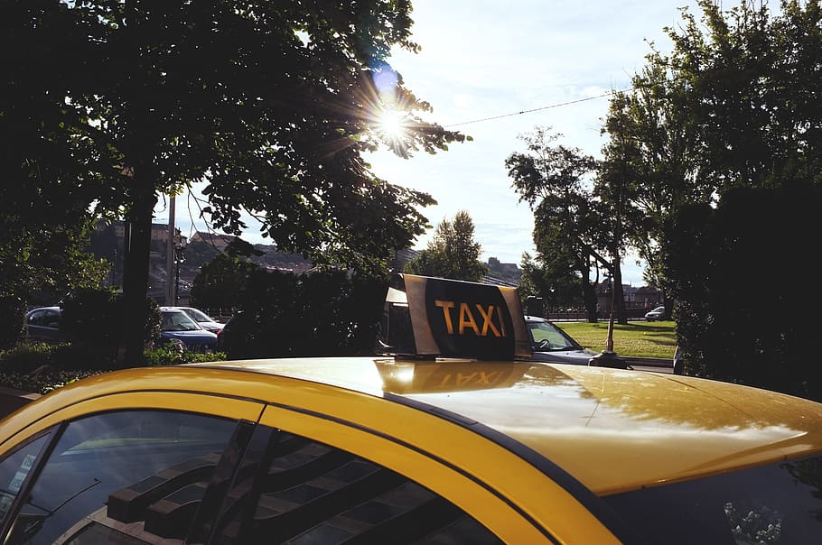 yellow, sedan taxi cab, parked, trees, daytime, taxi, budapest, car, tree, plant