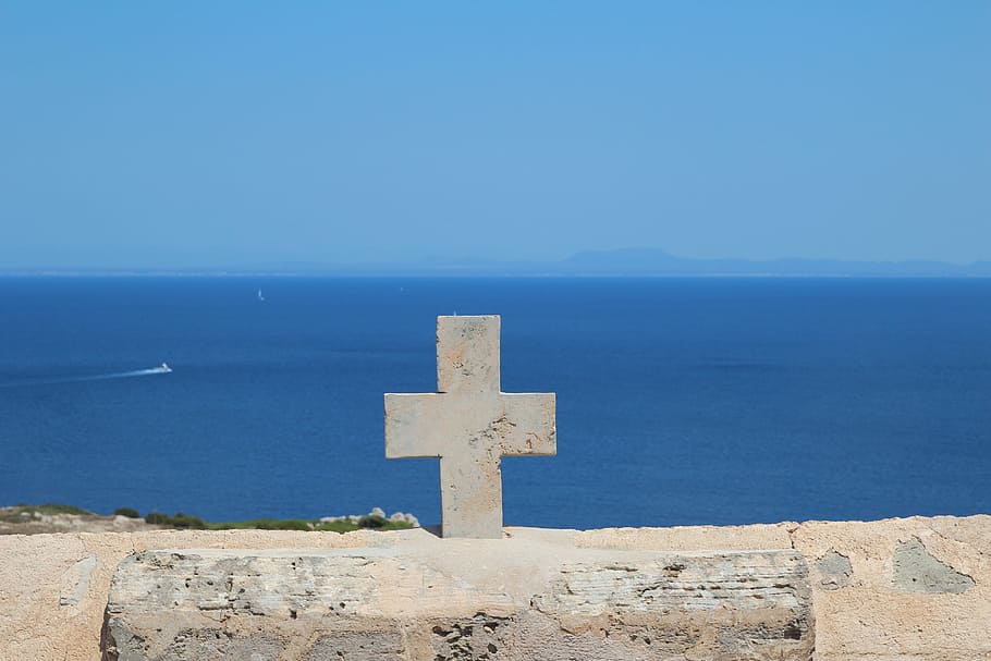 Cruz, mar, Mallorca, España, cielo, azul, playa, arena, agua, creencia