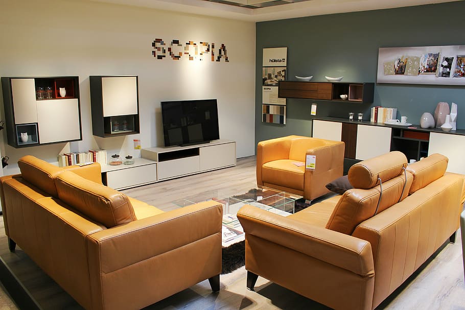 oranye, sofa kulit, set, fasilitas, hidup, dekorasi, sofa, pesawat televisi, furnitur, modern