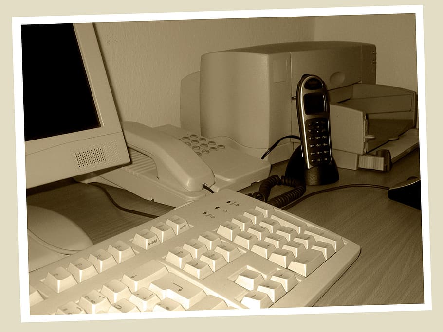 past, old, computer, printer, phone, office, sepia, mouse, keyboard, antiquated