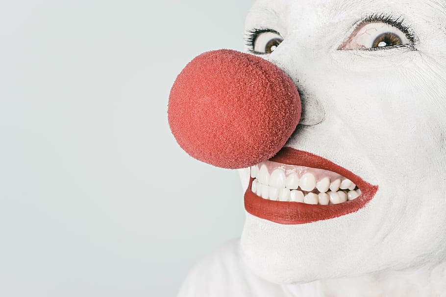 clown smiling, person, red, nose, clown, makeup, lipstick, white, human body part, human face