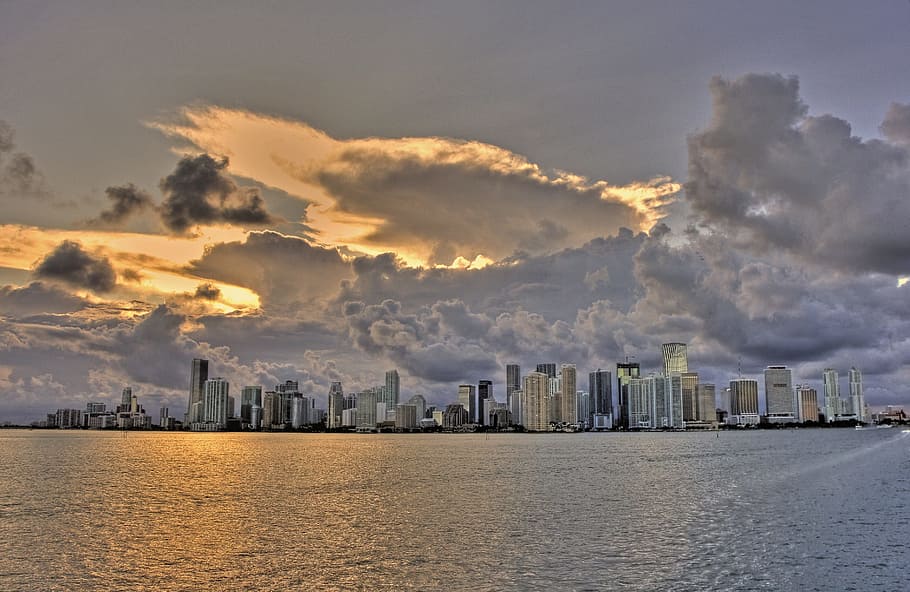 水域, マイアミ, 雲, マイアミビーチ, フロリダ, アメリカ, スカイライン, 建築, 空, 建物外観