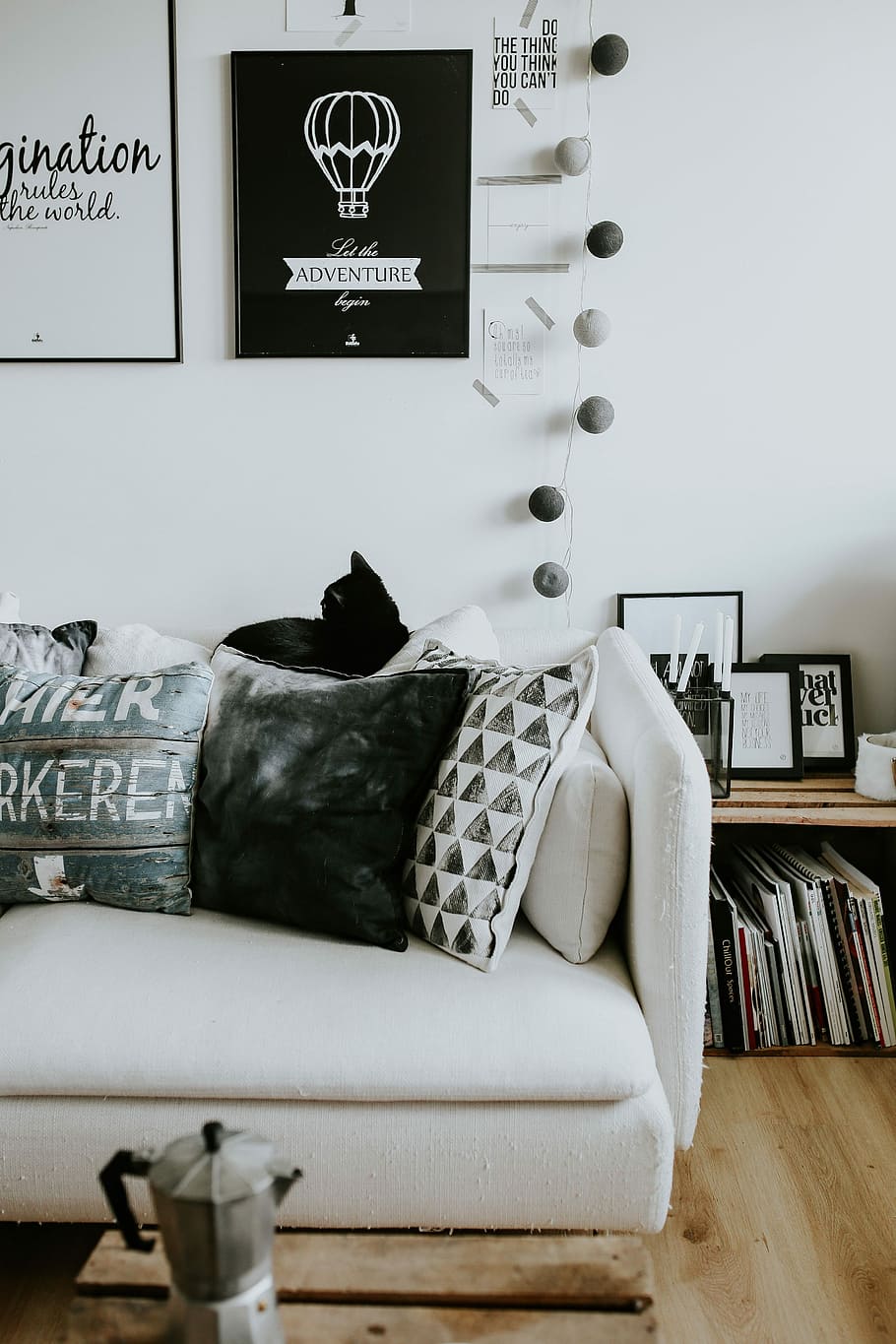 preto e branco, decoração da casa, contemporâneo, casa branca, interior, sofá, revistas, moderno, mesa, gato