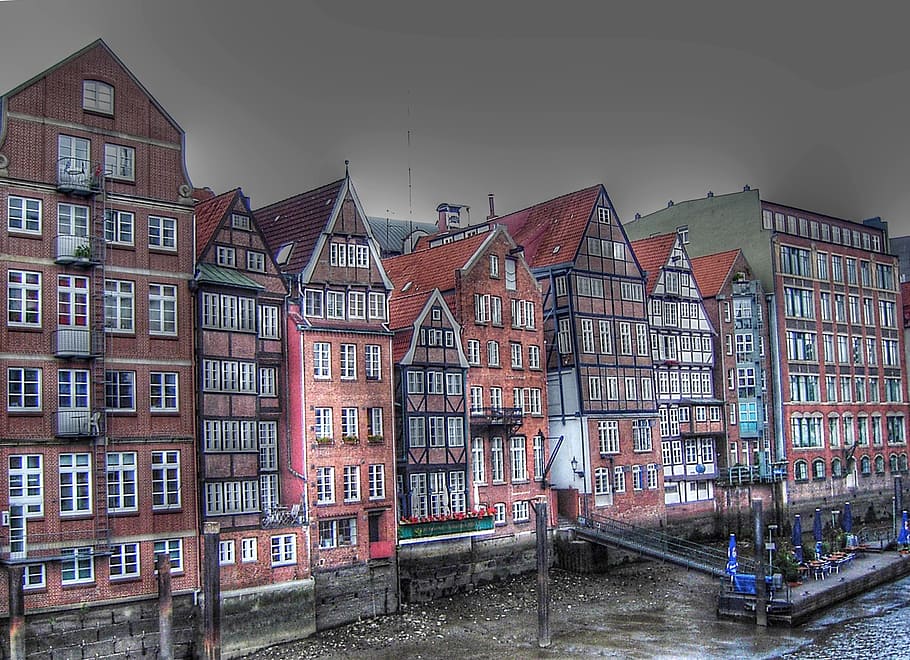 red, white, building painting, dyke road, hamburg, port, homes, architecture, building exterior, built structure