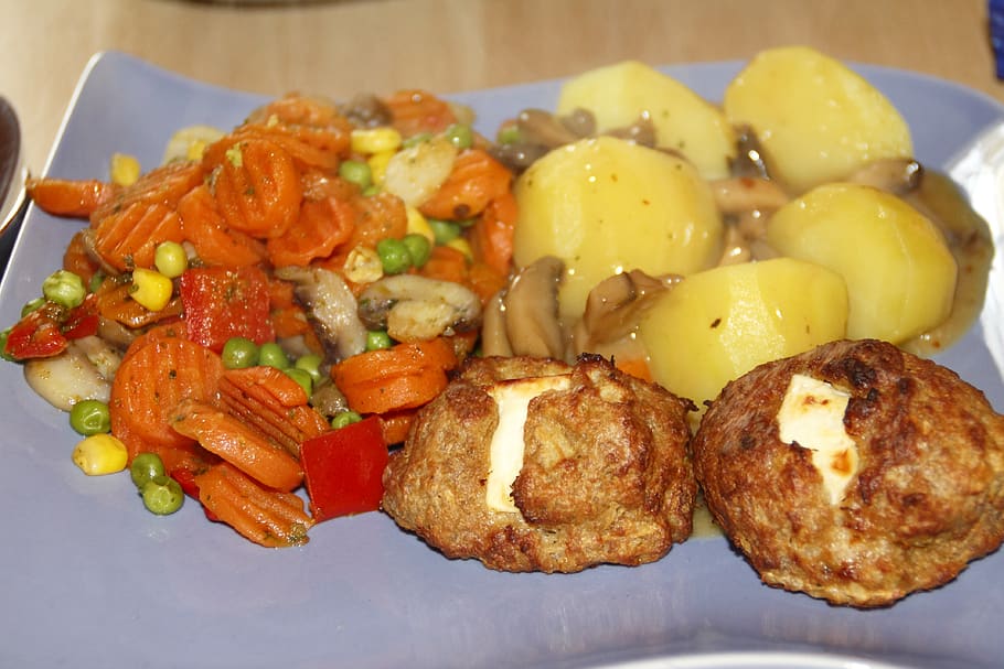 meatballs, vegetables, potatoes, filled, feta cheese, eat, food, carrots, lunch, nutrition