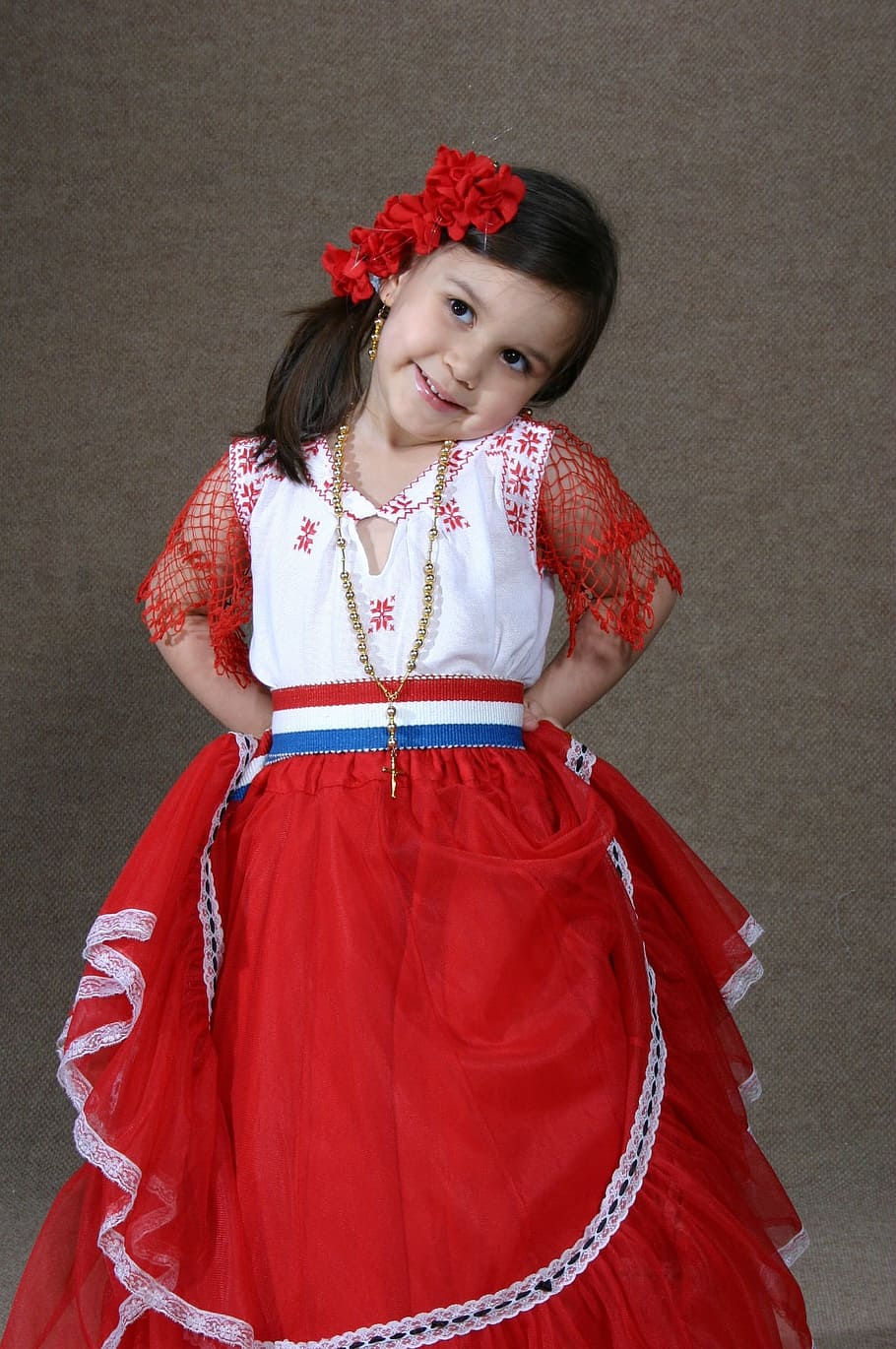 Masa kecil, Paraguay, Amerika Latin, berdandan, ostume, gadis, rok merah, tradisional, pakaian, Pakaian tradisional