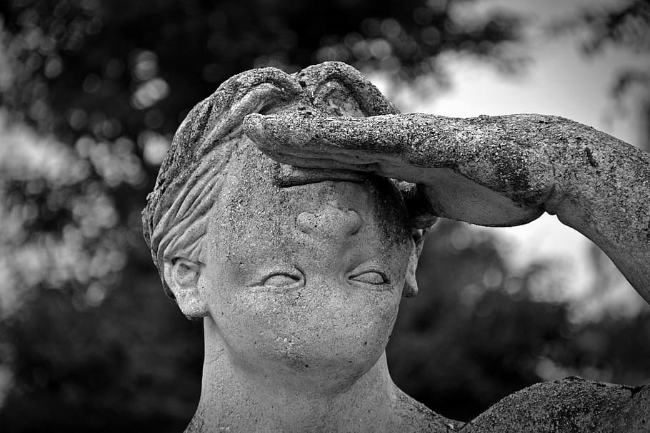 grayscale photography, edited, statue, human, hand, forehead, face, wrong, twisted, man