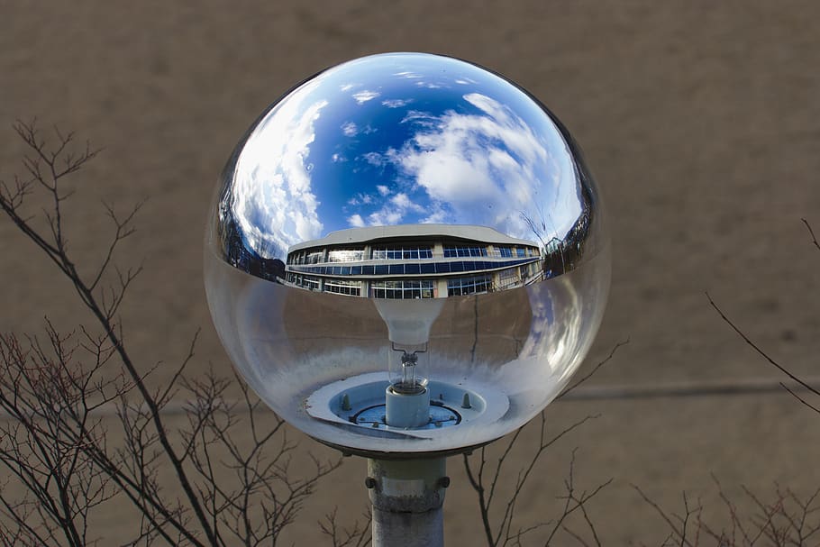 building reflection, school, blue, clouds, building, sphere, outdoor, lamp, reflection, sky