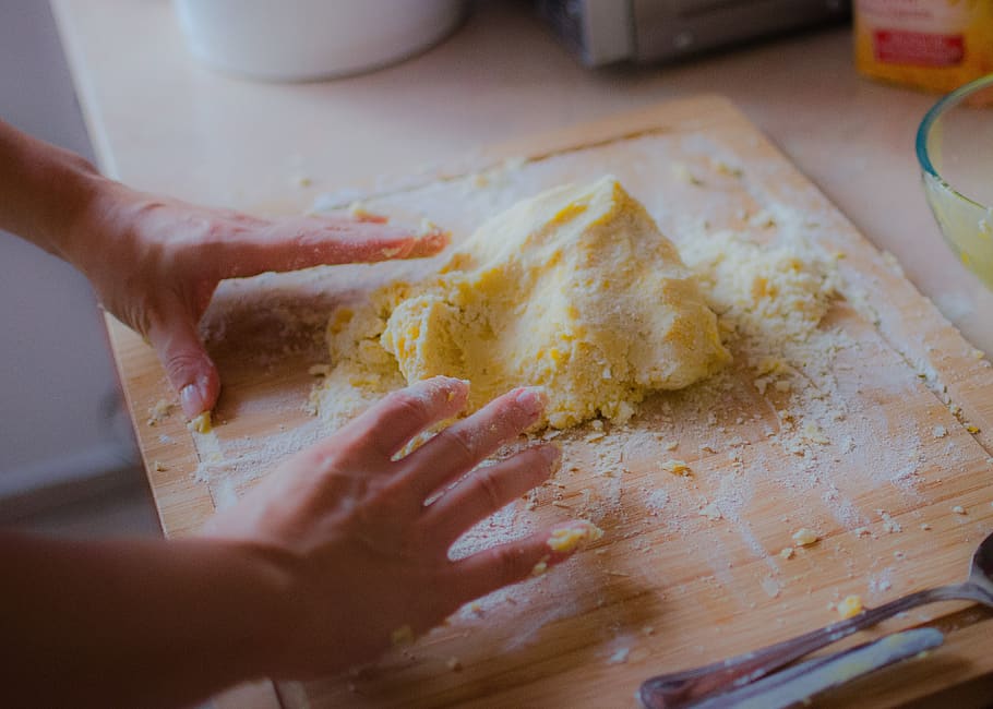 baking, cooking, kitchen, chef, cutting board, dough, ingredients, flour, food, human hand