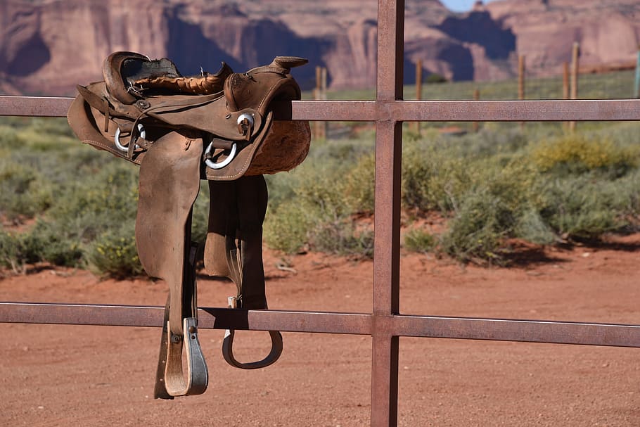 brown, horse saddle, wooden, fence, daytime, cowboy saddle, saddle, arizona, leather, old