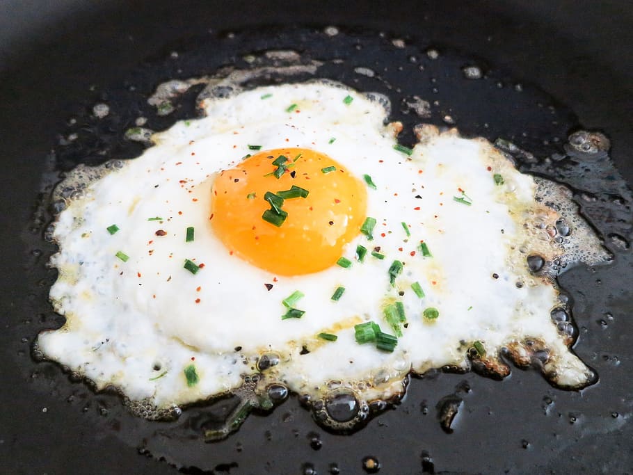 fried, egg, yolk, breakfast, fried eggs, pan, protein, eat, food, delicious