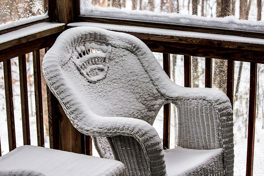 wicker chair, porch, chair, season, white, cold, ice, snow, winter, frost