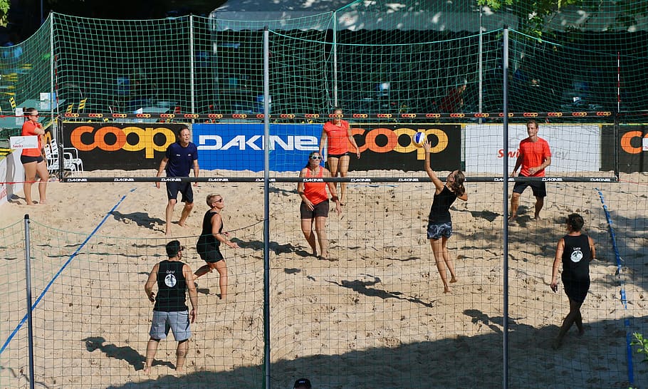 beach volleyball, sport, network, ball, players, sand, communication, group of people, text, real people
