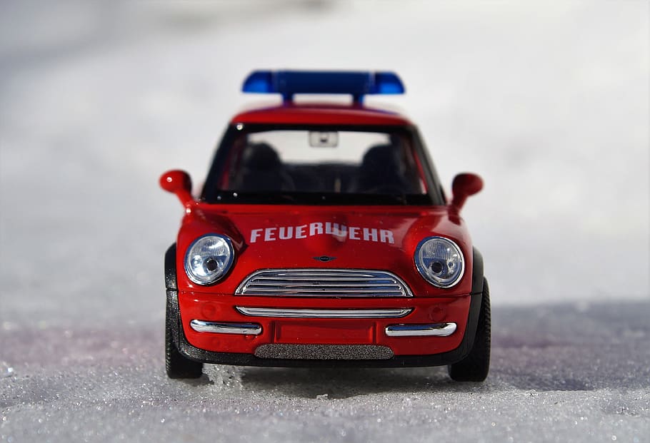 Modelo de automóvil, Mini Cooper, Vehículo, mini, auto, automóvil de juguete, vehículos, luz azul, fuego, juguetes