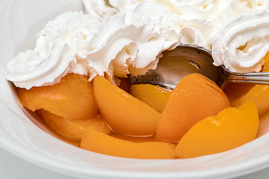 peach cake, whipped, cream, Peach, Cake, Whipped Cream, dessert, food, fruit, public domain