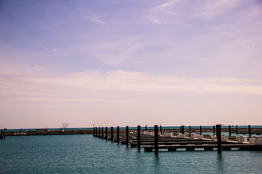 wooden, dock, daytime, brown, sea, sunset, sky, clouds, pier, marina
