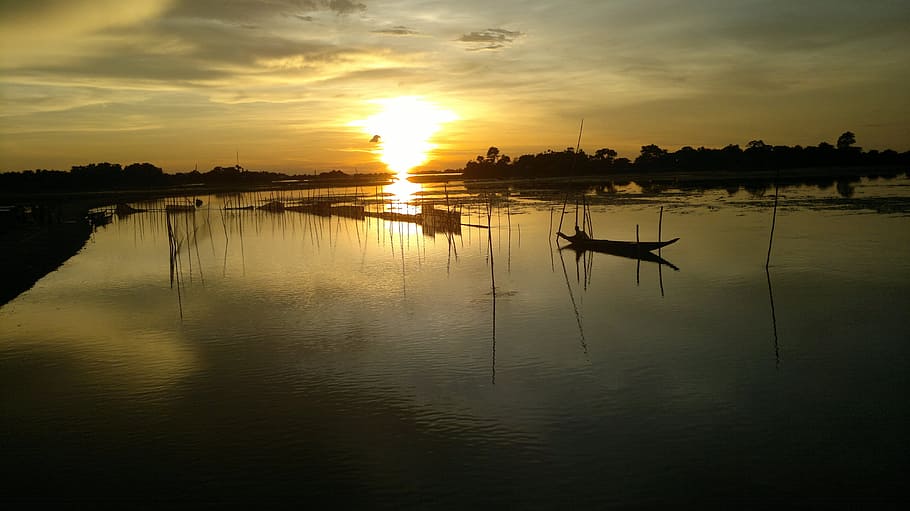 boat, calm, body, water, bangladesh, sunset, twilight, dusk, dawn, swamp