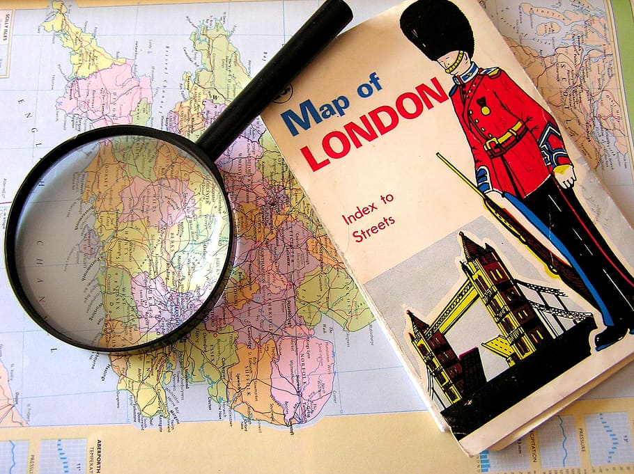 Londres, lupa, vidrio, Viajes, Mapa, gran grupo de objetos, viaje, ninguna gente, interiores, primer plano