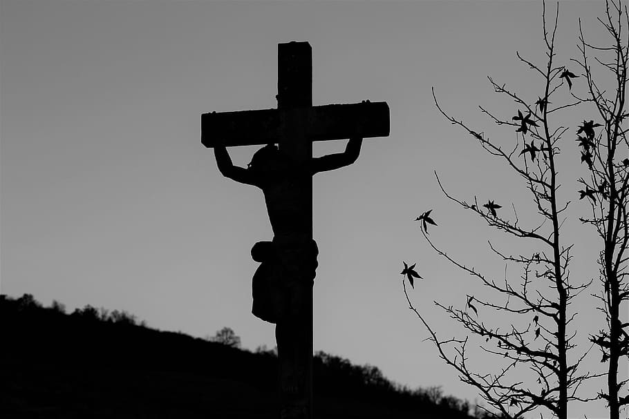 grayscale photo, crucified, person, cross, religion, jesus christ, calvary, sky, religious monuments, pierre