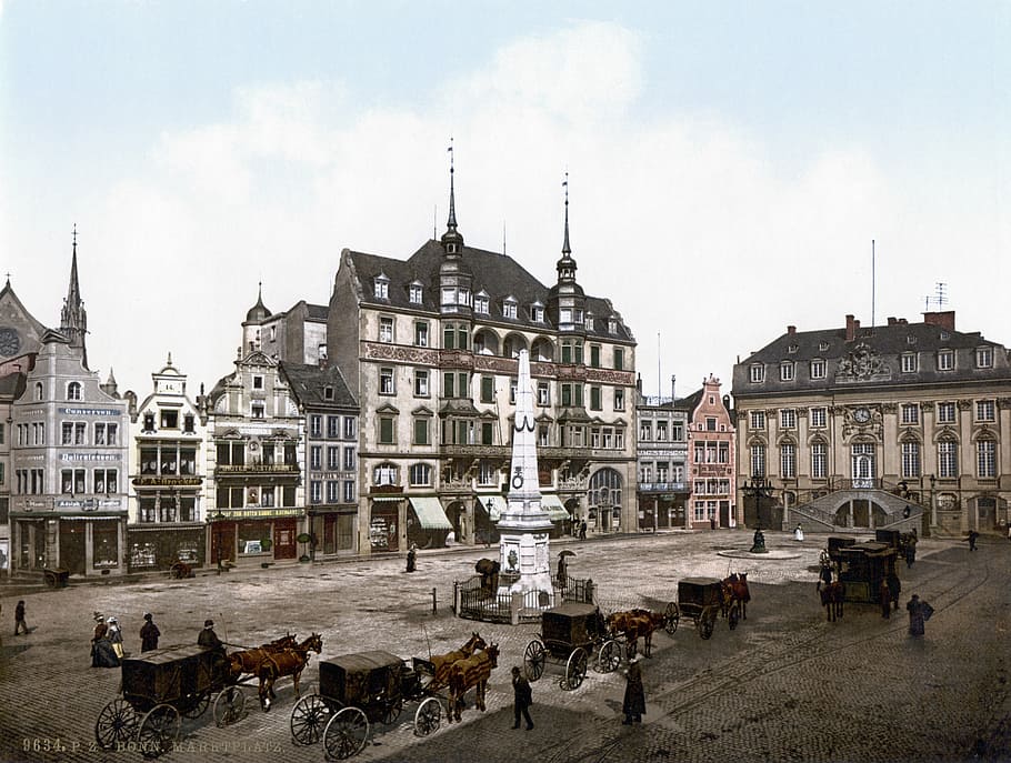 carruajes de caballos, frente, edificios, ayuntamiento, carruaje tirado por caballos, bonn, 1900, photochrom, marketplace, exterior del edificio