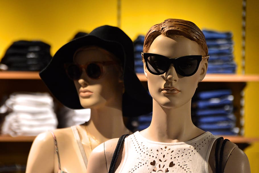 selective, focus photo, two, mannequins, white, tops, sunglasses, Fashion, Clothing, Haute Couture