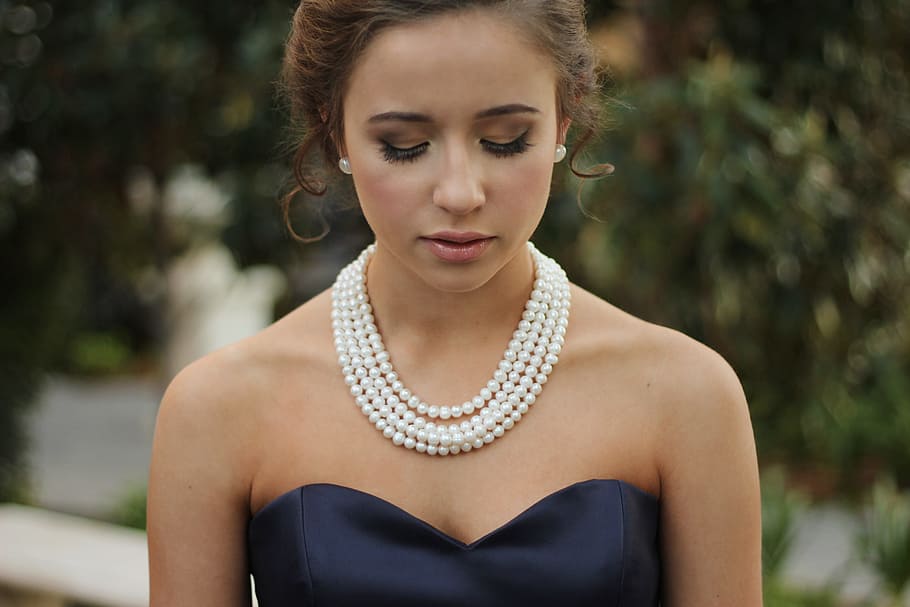 woman, wearing, black, sweetheart dress, girl, female, pearl necklace, model, person, lady