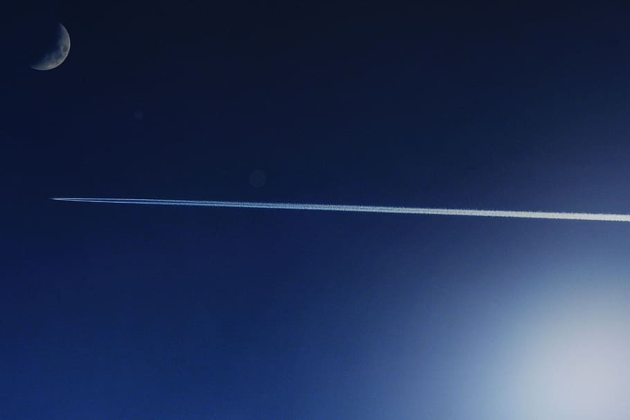 separating, day, night, contrail and moon, vapor trail, sky, blue, cloud - sky, flying, speed