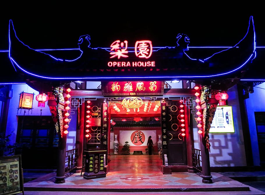 casa de ópera iluminada, vermelho, preto, loja, Ópera, luzes, sombrio, noite, entretenimento, néon