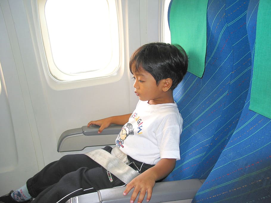 menino, sentado, assento do avião, cinto, criança, avião, assento, cinto de segurança, voo, alegria