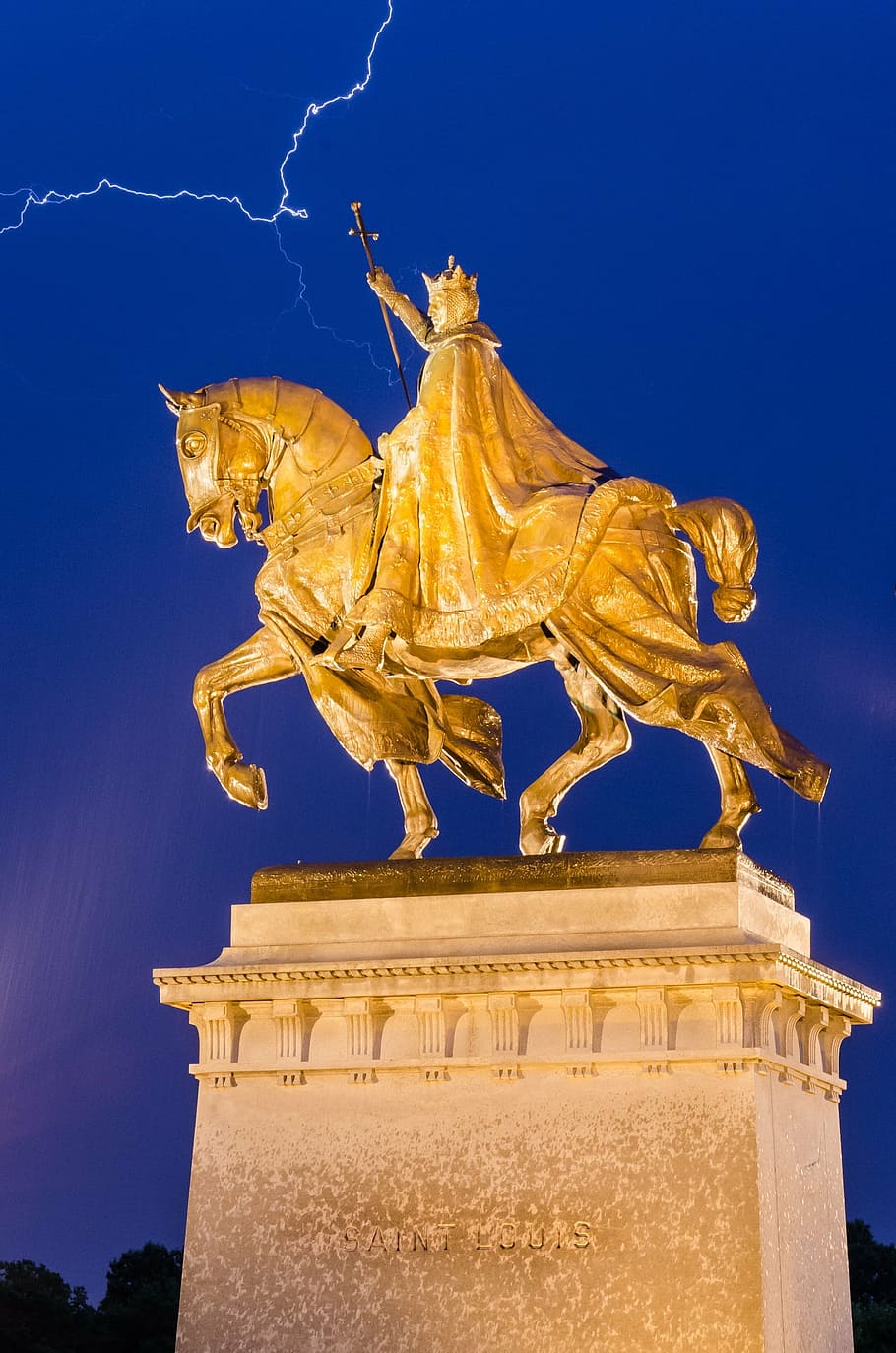 man, riding, horse statue, statue, french king louis ix, france, lightning, storm, sky, electricity
