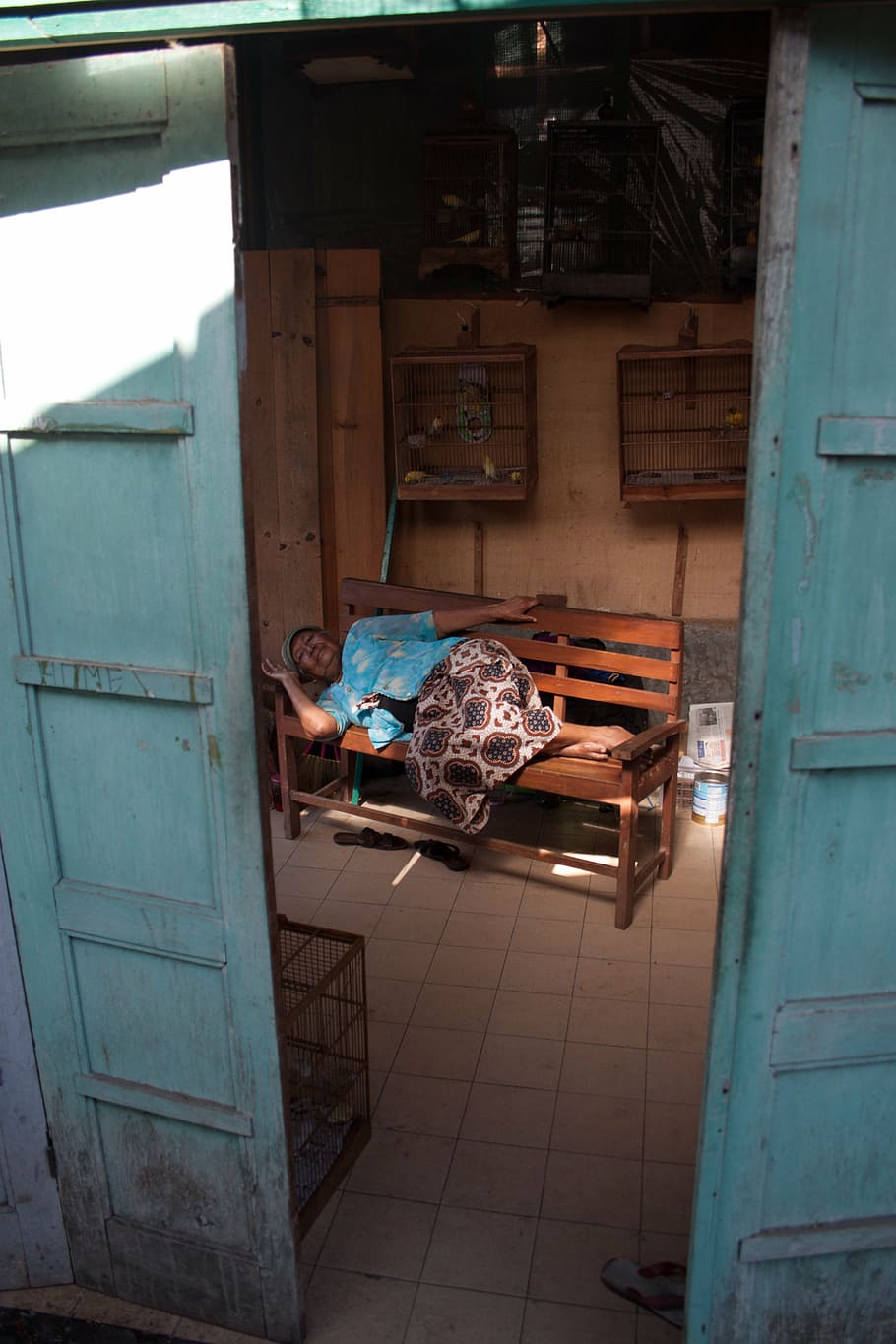 indonesia, woman, sleep, siesta, observed, indoors, architecture, wood - material, abandoned, building