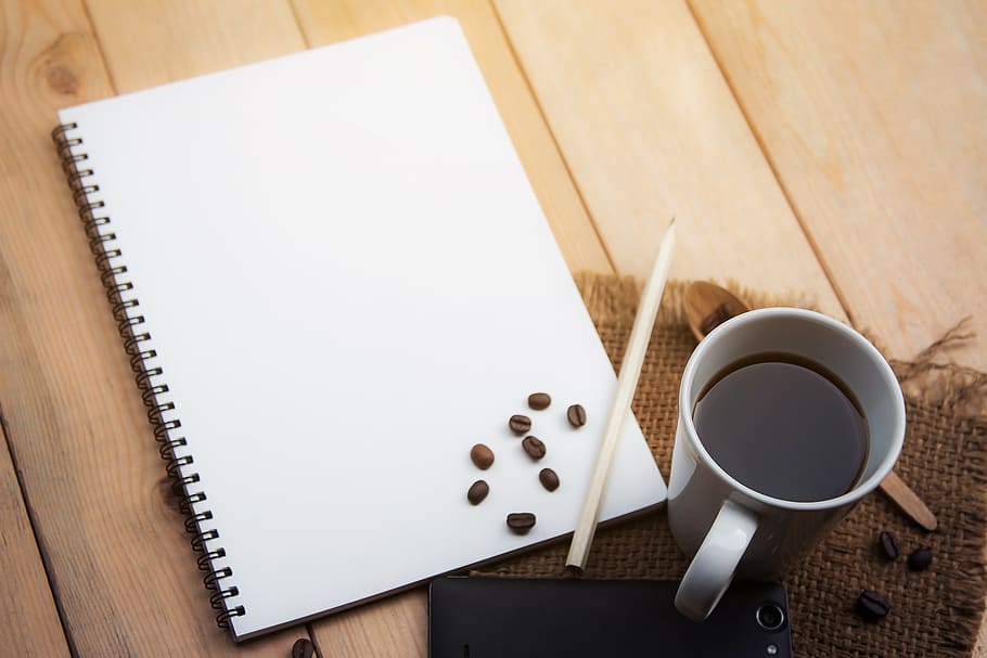 coffee cup, white, notebook, home, desk, coffee, pencil, beans, phone, cup