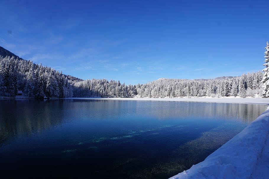 winter, lake, snow, mountains, lago di fusine, felser lake white, italy, blue, water, panorama