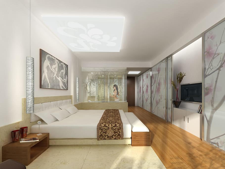 gray, wooden, bed frame, white, mattress, interior, hotel, rendering, visualization, architecture