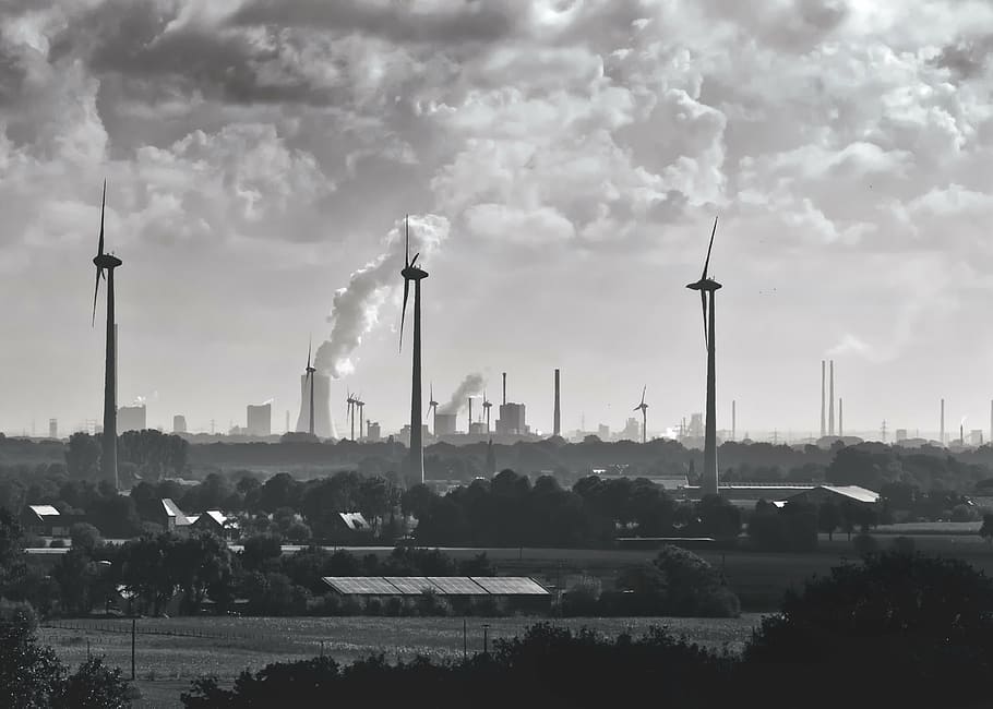 grayscale photo, windmill, industry, ruhr area, smoke, exhaust gases, environment, pollution, work, live