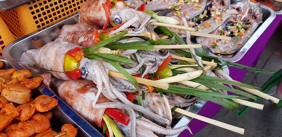 asia, philippines, street food, squid, sea food, food and drink, food, freshness, healthy eating, vegetable
